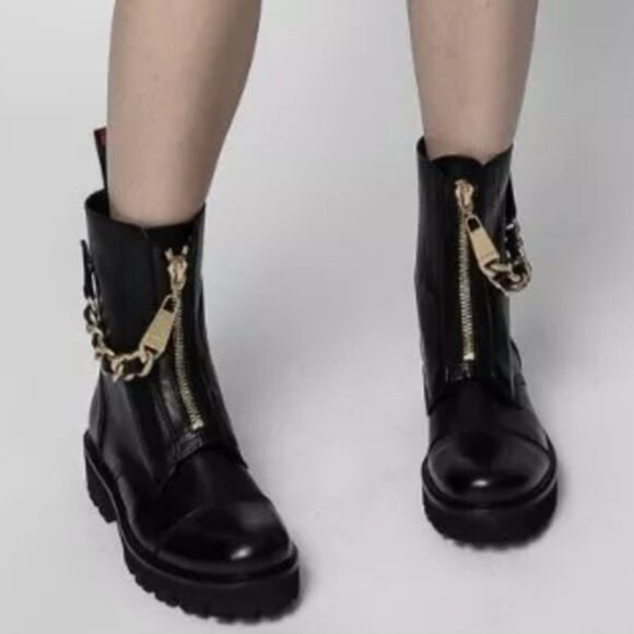 Zadig & Voltaire Joe Cecilia leather combat moto boots with gold chain NEW - Picture 1 of 11